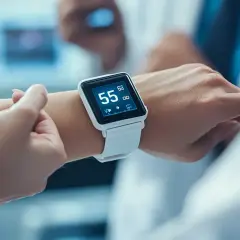 Biały smartwatch na nadgarstku pokazuje 55 uderzeń na minutę, monitorując tętno spoczynkowe.