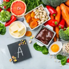 Na czarnej tabliczce litera "A" z pistacjami, obok marchew, brokuły, papryka, szpinak, jajko, fasola, suszone morele, masło i wątróbka – bogactwo witaminy A.