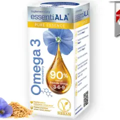 Opakowanie suplementu diety essentiaALA Omega-3 z nasion lnu. Dowiedz się, omega-3 po jakim czasie efekty przynosi, wspierając serce i rozwój.