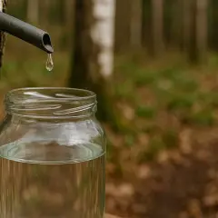 Kropla soku z brzozy spływa do słoika. Odkryj oskoła właściwości i naturalne bogactwo lasu.