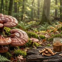 Grzyb reishi rośnie w lesie, obok niego słoik z proszkiem, krople, kapsułki i kubek naparu.