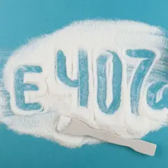 Biały proszek, na którym wyryto "E 407a", symbolizuje karagen. To dodatek do żywności, który często stosuje się jako zagęstnik.
