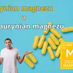 Zastanawiasz się, czy wybrać cytrynian czy taurynian magnezu? Na niebieskim tle żółte kapsułki i symbol Mg.