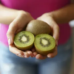 Dłonie trzymają całe i przekrojone kiwi. Czy kiwi jest zdrowe? Tak, to pyszny owoc pełen witamin!