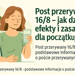Kobieta z uśmiechem pije wodę, obok kalendarz i zegar. Temat: post przerywany 16/8.