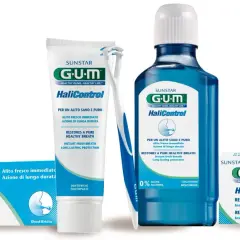 Zestaw produktów GUM HaliControl: pasta, płyn do płukania, tabletki i czyścik do języka, by zapomnieć o nieprzyjemnym zapachu z ust.