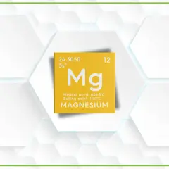 Żółta tabliczka z symbolem Mg, informacją o magnezie i jego temperaturach topnienia/wrzenia. Treonian magnezu lek.