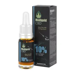 Złoty olej konopny Medigold CBD 10% w szklanej buteleczce z pipetą i kartonowym opakowaniu.