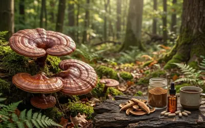 Grzyb reishi rośnie w lesie, obok niego słoik z proszkiem, krople, kapsułki i kubek naparu.