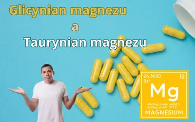 Zastanawiasz się, czy wybrać cytrynian czy taurynian magnezu? Na niebieskim tle żółte kapsułki i symbol Mg.
