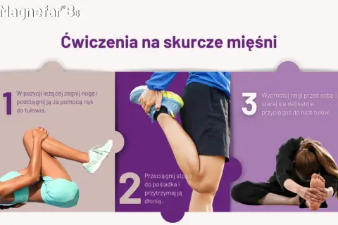 Ćwiczenia na nagły bolesny skurcz mięśnia: leżąc, przyciągnij nogę do tułowia, przeciągnij stopę do pośladka, a potem wyprostuj nogi i przyciągnij tułów.