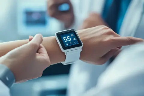 Biały smartwatch na nadgarstku pokazuje 55 uderzeń na minutę, monitorując tętno spoczynkowe.