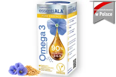 Opakowanie suplementu diety essentiaALA Omega-3 z nasion lnu. Dowiedz się, omega-3 po jakim czasie efekty przynosi, wspierając serce i rozwój.