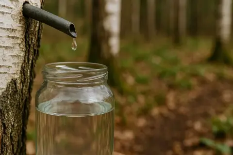 Kropla soku z brzozy spływa do słoika. Odkryj oskoła właściwości i naturalne bogactwo lasu.