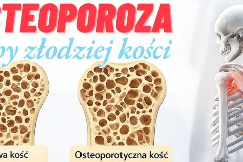 Osteoporoza: cichy złodziej kości. Porównanie zdrowej i osteoporotycznej kości. Szkielet z zaznaczonym bólem w obrębie barku.
