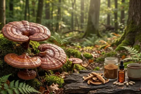 Grzyb reishi rośnie w lesie, obok niego słoik z proszkiem, krople, kapsułki i kubek naparu.