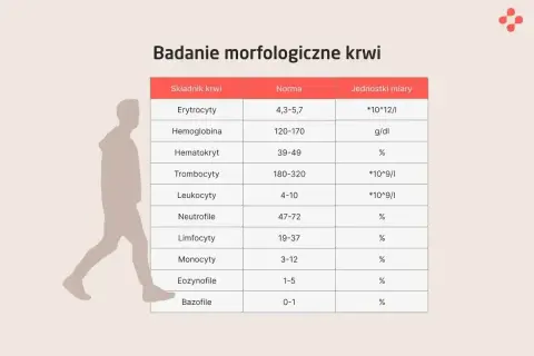 Tabela badań morfologicznych krwi. Wskazuje normy dla różnych składników, w tym eozynofile.