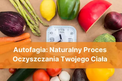 Autofagia: Naturalny proces oczyszczania. Zegar i świeże warzywa symbolizują zdrowie i odnowę.