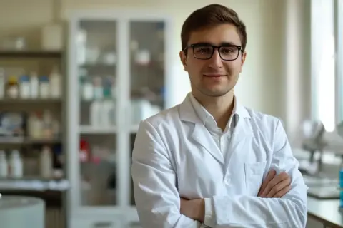 Młody naukowiec w laboratorium, badający jak obniżyć LDL.