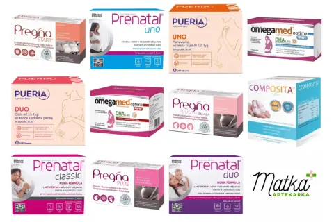 Suplementy diety dla kobiet w ciąży i planujących ciążę: Pregna, Pueria, Omegamed, Composita.