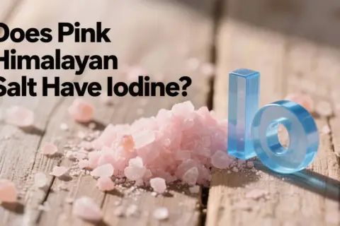 Góra różowej soli himalajskiej na drewnianym blacie, obok niebieskie litery "I" i "O", sugerujące pytanie: czy sól himalajska jest jodowana?