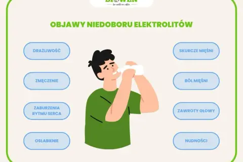 Chłopak pije wodę, by nawodnić organizm. Objawy niedoboru elektrolitów: drażliwość, zmęczenie, skurcze mięśni, ból mięśni, zaburzenia rytmu serca, zawroty głowy, osłabienie, nudności.