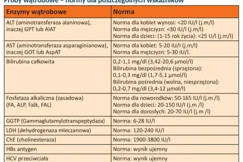 Tabela z normami badań wątrobowych: ALT, AST, bilirubina, GGTP, LDH, ChE, HBs, HCV. Co to za badanie?