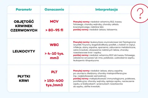 Tabela interpretuje wyniki badań krwi. Podwyższone leukocyty mogą oznaczać infekcję lub stan zapalny.