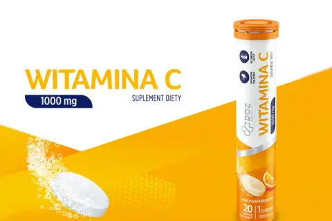 Wizualizacja suplementu diety z witaminą C 1000 mg w formie tabletek musujących o smaku pomarańczowym. Opakowanie zawiera 20 tabletek, zalecane witamina c 1000 dawkowanie to 1 tabletka dziennie.
