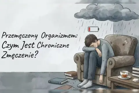 Chłopak siedzi w fotelu pod deszczową chmurą, z rozładowaną baterią nad głową. To obraz **osłabienia organizmu** i chronicznego zmęczenia.