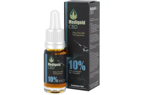 Złoty olej konopny Medigold CBD 10% w szklanej buteleczce z pipetą i kartonowym opakowaniu.