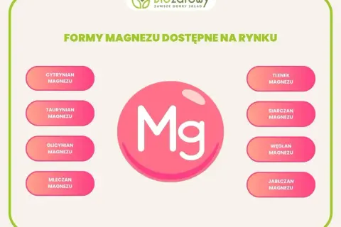 Różne formy magnezu dostępne na rynku: cytrynian, taurynian, glicynian, mleczan, tlenek, siarczan, węglan i jabłczan. Suplementacja magnezu jest ważna dla zdrowia.
