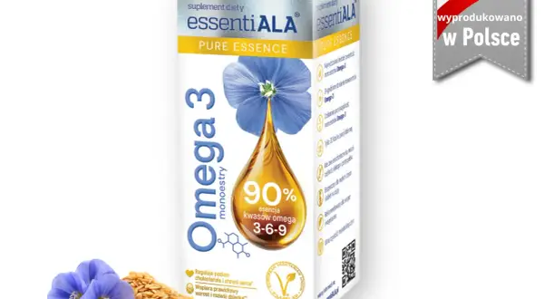 Opakowanie suplementu diety essentiaALA Omega-3 z nasion lnu. Dowiedz się, omega-3 po jakim czasie efekty przynosi, wspierając serce i rozwój.