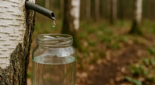 Kropla soku z brzozy spływa do słoika. Odkryj oskoła właściwości i naturalne bogactwo lasu.