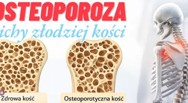 Osteoporoza: cichy złodziej kości. Porównanie zdrowej i osteoporotycznej kości. Szkielet z zaznaczonym bólem w obrębie barku.