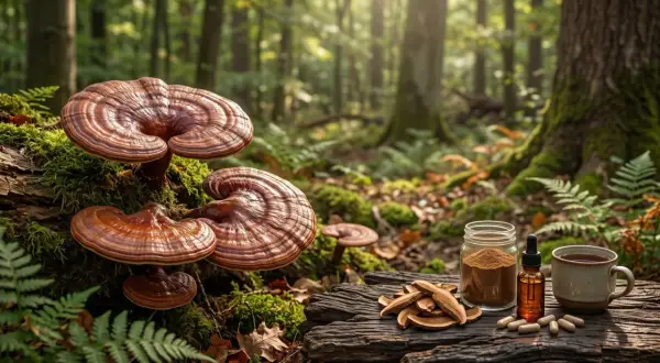 Grzyb reishi rośnie w lesie, obok niego słoik z proszkiem, krople, kapsułki i kubek naparu.