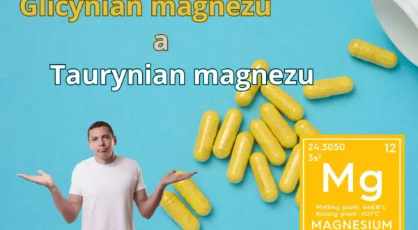 Zastanawiasz się, czy wybrać cytrynian czy taurynian magnezu? Na niebieskim tle żółte kapsułki i symbol Mg.