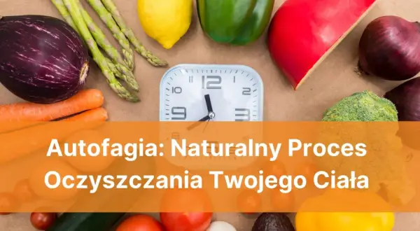Autofagia: Naturalny proces oczyszczania. Zegar i świeże warzywa symbolizują zdrowie i odnowę.