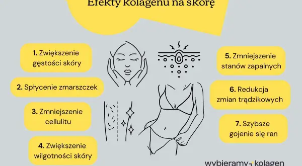Kolagen pomaga zwiększyć gęstość skóry, spłycić zmarszczki, zmniejszyć cellulit, nawilżyć, zredukować stany zapalne i trądzik, a także przyspieszyć gojenie ran.