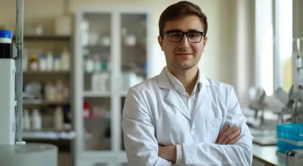 Młody naukowiec w laboratorium, badający jak obniżyć LDL.
