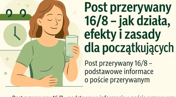 Kobieta z uśmiechem pije wodę, obok kalendarz i zegar. Temat: post przerywany 16/8.
