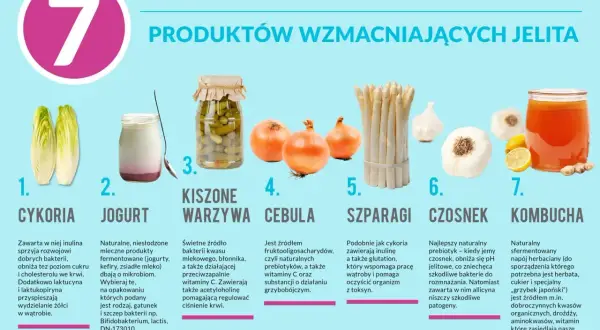 Produkty wzmacniające jelita: cykoria, jogurt, kiszone warzywa, cebula, szparagi, czosnek, kombucha. Co jeść, by mieć zdrowe jelita?