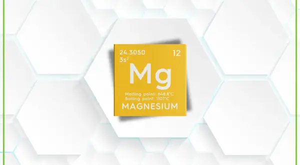 Żółta tabliczka z symbolem Mg, informacją o magnezie i jego temperaturach topnienia/wrzenia. Treonian magnezu lek.