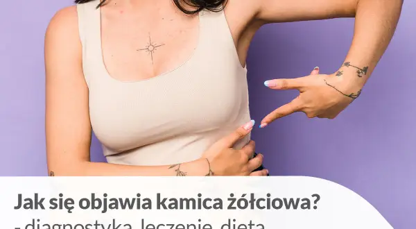 Kobieta wskazuje na prawy górny kwadrant brzucha, gdzie mogą występować objawy kamicy żółciowej.