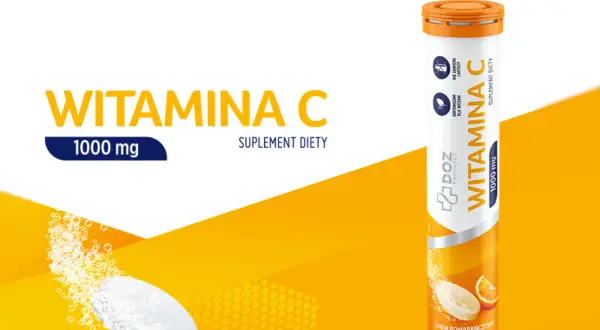 Wizualizacja suplementu diety z witaminą C 1000 mg w formie tabletek musujących o smaku pomarańczowym. Opakowanie zawiera 20 tabletek, zalecane witamina c 1000 dawkowanie to 1 tabletka dziennie.