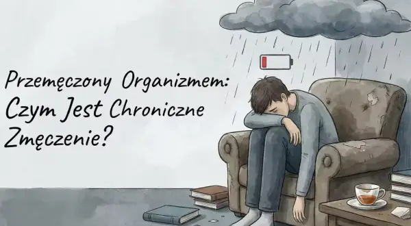 Chłopak siedzi w fotelu pod deszczową chmurą, z rozładowaną baterią nad głową. To obraz **osłabienia organizmu** i chronicznego zmęczenia.