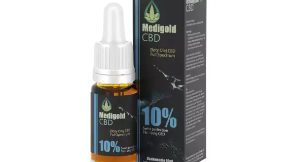 Złoty olej konopny Medigold CBD 10% w szklanej buteleczce z pipetą i kartonowym opakowaniu.