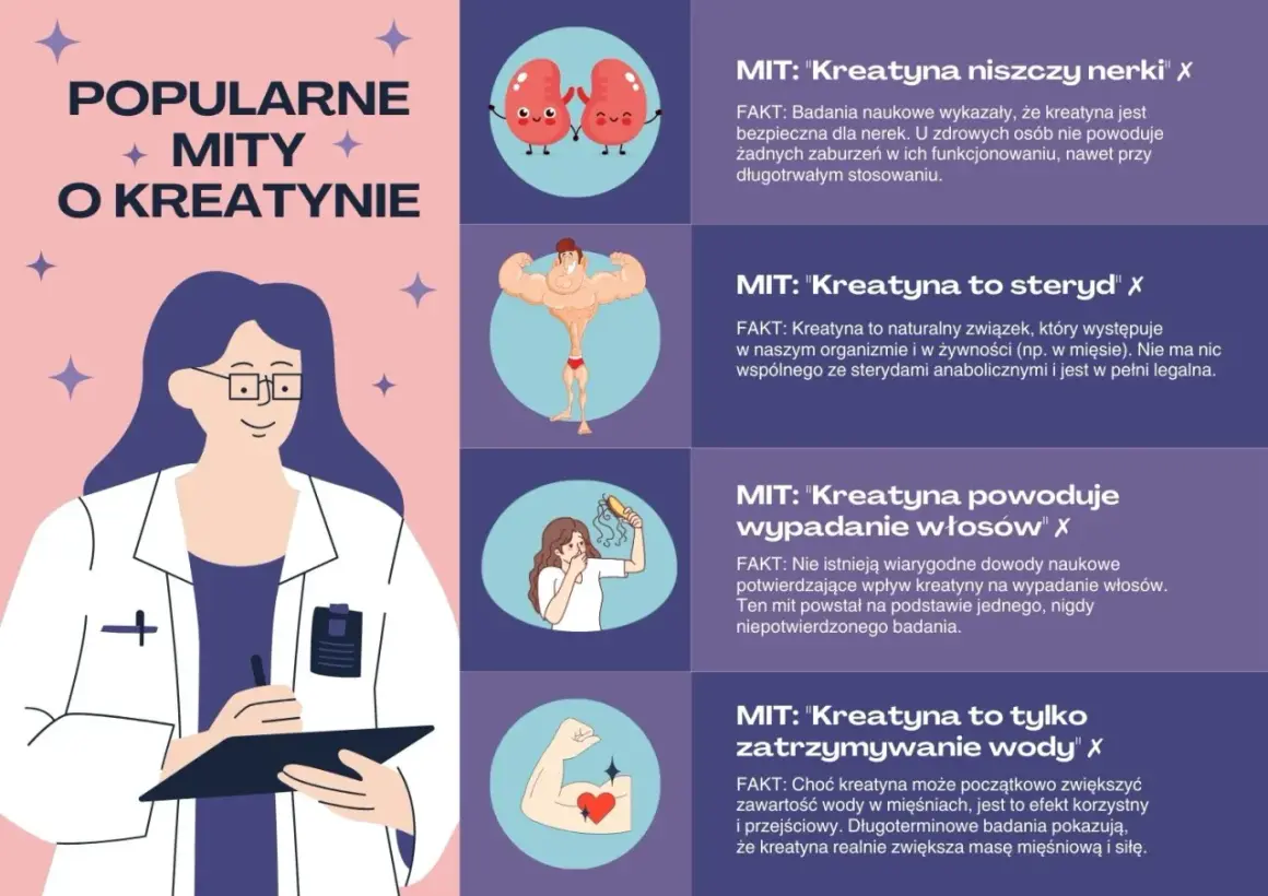 Kreatyna co daje? Obalamy mity: nie niszczy nerek, nie jest sterydem, nie powoduje wypadania włosów i nie tylko zatrzymuje wodę. Zwiększa masę i siłę.
