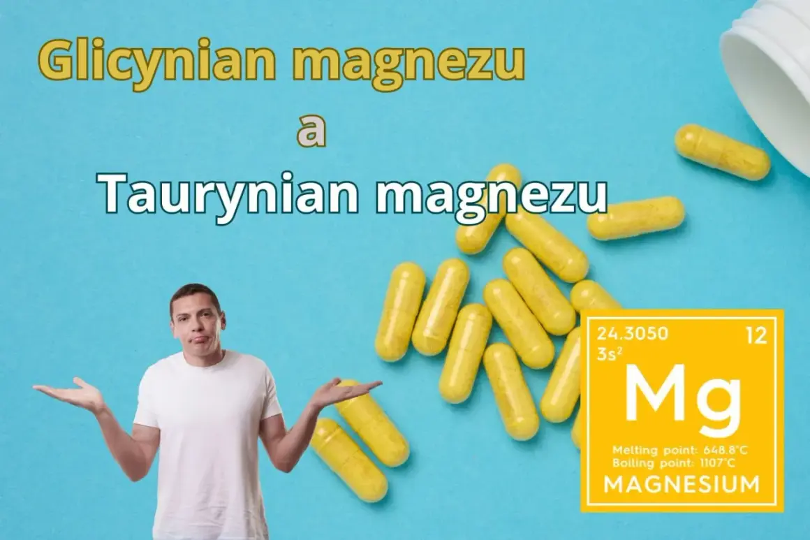 Zastanawiasz się, czy wybrać cytrynian czy taurynian magnezu? Na niebieskim tle żółte kapsułki i symbol Mg.