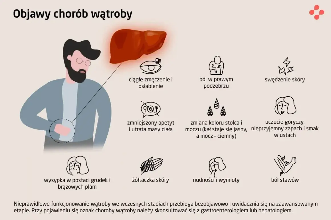 Ilustracja przedstawia objawy chorób wątroby, takie jak zmęczenie, ból, swędzenie skóry, nudności, żółtaczka. Zapalenie wątroby może objawiać się na wiele sposobów.